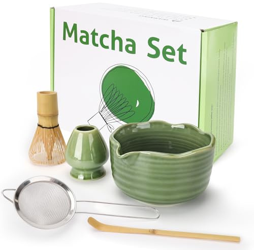 MestectPET 5 Stück Matcha Set mit Matcha Besen, Porzellan Matcha Schale und Besenhalte, Sieb und Löffel, Geschenk für Matcha-Liebhaber, Grün