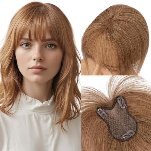MY-LADY Topper Capelli Veri Donna Con Frangia Clip Capelli Veri Marrone Chiaro 21g Base Lace Leggero Toupet Frangia Aria(#06)