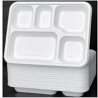 5-Compartment Food Trays Sugarcane Fibre Biodegradable Disposable Plates | Sturdy & Grease-Resistant for School, Events & BBQs | Eco Tableware for Events, Picnics, and Lunches, Catering (100)
