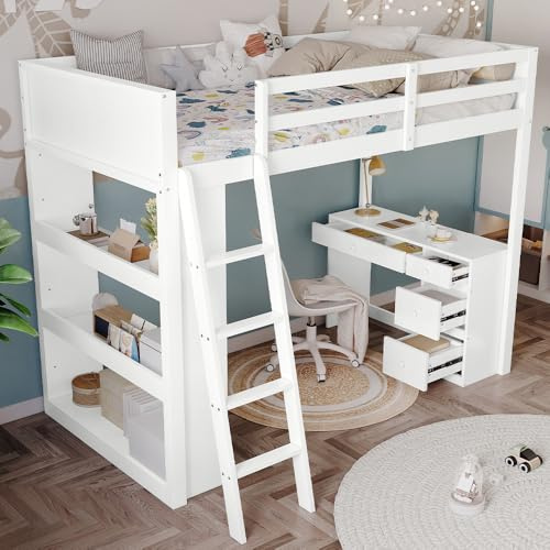 Miyemo Bunk Bed for Kids, 3ft Single Bed Frame with Study Desk for Teenage, Loft Bed with 4-Step Ladder, 3 Rows of Shelves Under the Lower Bunk, Multi-Drawer Design, White, 90x190cm, (No Mattress)