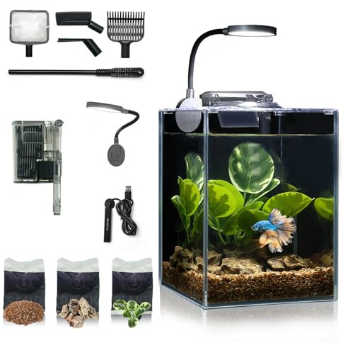 Desktop Betta Kleines Aquarium Glasaquarium 5 Liter Komplettset 15x15x20, Selbstreinigendes Filtersystem, Helles LED-Licht, Kies, Pflanze, Reinigungswerkzeug, Starter-Set für kleine Räume