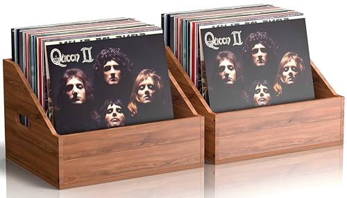 2 Pack Wood Vinyl Record Storage, Retro & Durable Vinyl Crate and Record Holder, Album Storage Record Case Box for 120+ Records, Perfect Record Organizer for Home Decor and Collection Display(Brown)