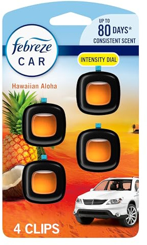 Febreze Car Air Freshener, Odor-Fighting Automotive Vent Clip, Scented Car Accessories, Long Lasting for Strong Odors, Hawaiian Aloha Scent, 4 Count