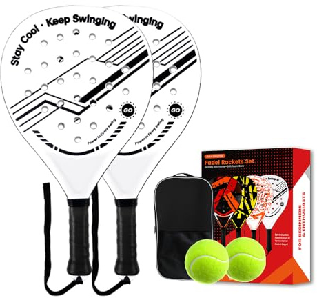 Padel Racket Set of 2 - ABS Surface & EVA Foam Core, Beach Paddle Tennis Racquets for Adults, Including 2 Balls & Carry Bag - Outdoor, Sand, Backyard, Pool Fun (White)
