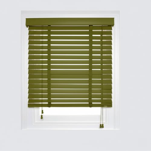 Venetian Blinds Wooden, 50cm 60cm 70cm 80cm 90cm 100cm 115cm Wide Horizontal Blinds, Real Wood Venetian Shades for Windows, Blackout/Heat Insulation Shutters Curtains(Olive Green)