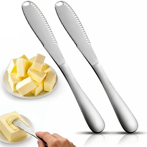 LAIYORA Stainless Steel Butter Knife Spreader 2 Pack,3-in-1 Cold Butter Spreader with Holes Serrated Edge Cheese Knife & Curler, Multifunctional Kitchen Gadgets for Toast Bread Jam, Silver