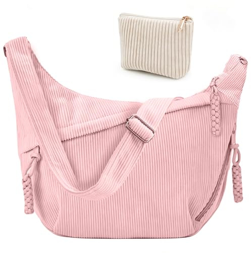 Mngevcy Umhängetasche Damen, Crossbody Bag Damen groß Cord Tasche + Kosmetiktasche, Cord Crossbag Halbmond Kord Schultertasche mit Reißverschluss und Baumwollfutter Verstellbarer Schultergurt, Rosa