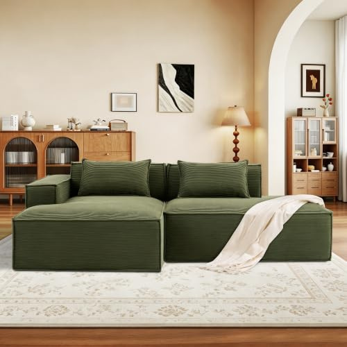 Inklusive Wurfkissen & Decke, modulares L-Form Ecksofa Wolken-Sofa(Grün) | Mit Armlehne Links，montagefreie Cord Couch, flexibel kombinierbar für Wohnzimmer, Wohnung & Schlafzimmer