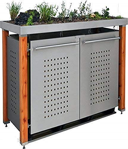 Reinke Edelstahl Mülltonnenbox für 2 Tonnen 120L mit Pflanzenwanne und Holzpfosten (HW11F), Mülltonnenverkleidung Mülltonnenhaus