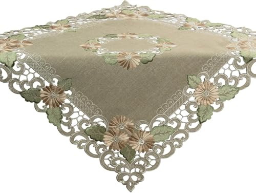 Quinnyshop Tischdecke Mitteldecke Leinen-Optik Blumen Stickerei ca. 85x85 cm Eckig Polyester, Grün-Beige