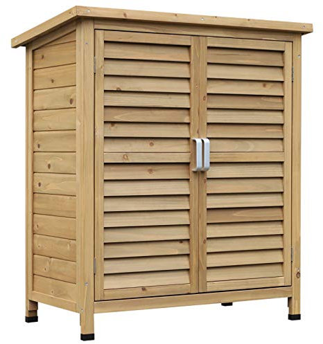 Outsunny Cobertizo de Almacenamiento de Madera para Jardín 87x46,5x96,5 cm con 2 Estantes Interiores 2 Puertas de Buena Ventilación y Techo Inclinado para Exterior Terreza Natural