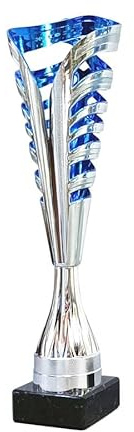 tecnocoppe Coppa in ABS Argentato e Blu Altezza 36,50 cm con Base in Marmo Nero. Targhetta Personalizzata Omaggio Premiazioni Moderne economiche Sportive Trofeo