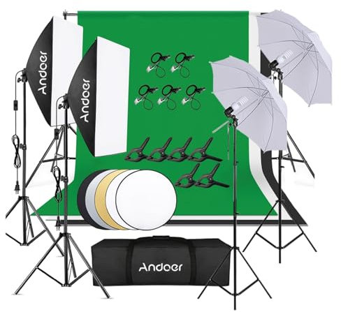 Kit D'éclairage Andoer Photo Studio, Fond 1,8 m x 2,7 m, Système de Support D'arrière-Plan, Réflecteur de Photographie, Parapluie à Lumière Douce, Boîte à Lumière, Ampoule 45W 5500K