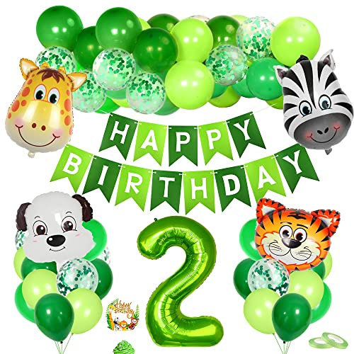 Selva Decoración Cumpleaños 2 Años - Globo Número 2 Verde, Foil Globos, Bosque Animal Fiesta para Niño