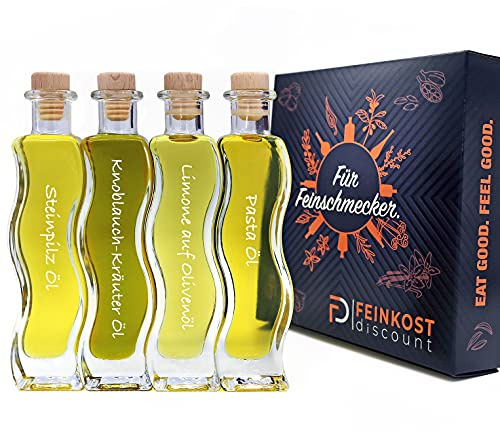 Geschenkset BOX & Probierset | 4 x 100ml Öl | Mann und Frau | Steinpilz Öl - Olivenöl Limone - Knoblauch-Kräuter Öl - Pasta Öl | Feinkost Set …