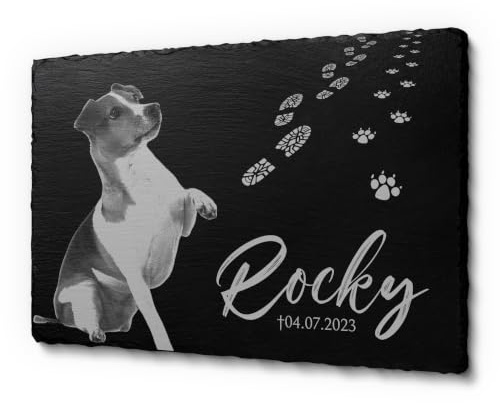 CHRISCK design Schiefer Gedenkstein Gedenktafel mit Einer Laser-Gravur für Hunde und Katzen | Grabplatte für Hunde und Katzen mit Text | Grabstein für den Garten oder Tiergrab