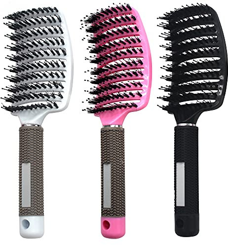 Lot de 3 brosses, incurvées, aérées, en poils de sanglier, démêlantes coiffantes, pour cheveux longs, fins, épais, bouclés