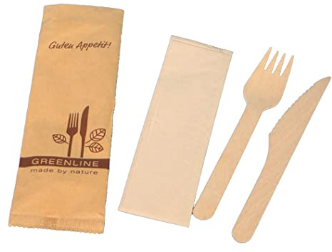 250 Bio Einweg Bestecksets Holzmesser + Holzgabel + Serviette 33x33cm natur in Papierhülle