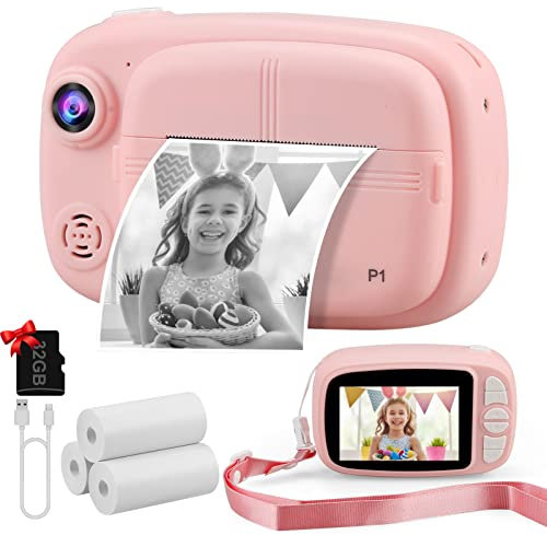 Misilmp Sofortbildkamera Kinder, Instant Digitalkamera 3.5 1080P Zero-Ink Sofortbildkameras Kamera mit 4 Rollen Druckpapier, 32GB TF-Karte Digital Kinderkamera Geschenke Junge für 3-14 (Rosa)