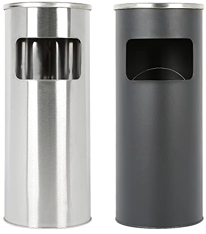 Drumm 30 Liter Papelera con Cenicero de acero inoxidable, Cenicero sobre pie,Papelera exterior para hotel, jardín, oficina (negro+color plata)