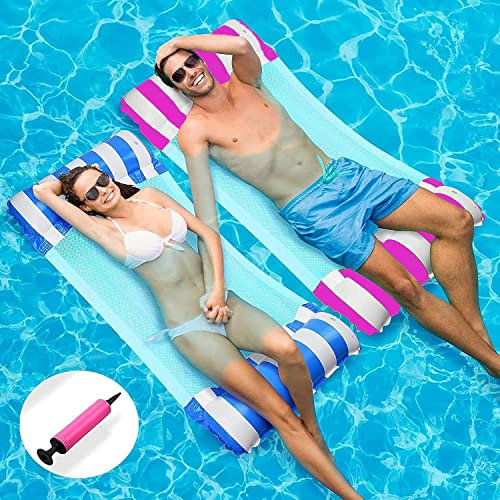 LATERN 2Pcs 130CM Swimming Pool Float Hammock, 4-in-1 Saddle/Lounge Chair/Hammock/Drifter Inflatable Float Bed Raft Recliner Beach Hot Tub Mat (Blue & Pink)