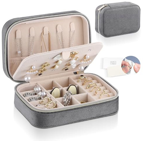 Firelex Schmuckkästchen Reise Damen Klein Samt Schmuckaufbewahrung Tragbar Schmuckkoffer mit Reißverschluss, Schmuckbox für Ringe, Ohrringe, Halsketten, Geschenk, Grau