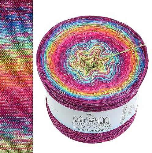Farbverlaufsgarn Bobbel Wolle mit Glitzer Größe wählbar Strickwolle Häkeln 4Fach (Multicolour Glitzer + Faden Neonpink Feuerwerk, 500g/1900m - 4Fach)