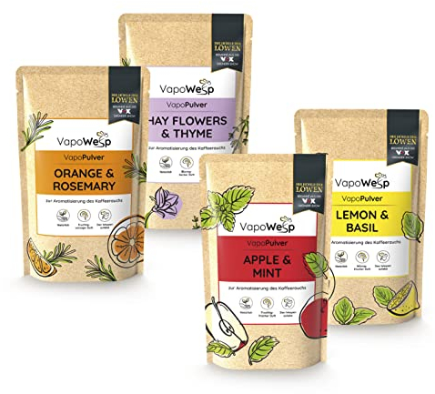 VapoWesp Lot de 4 poudres de 100 g - Orange & Rosemary, Apple & Mint, Citron & Basil, Hay Flowers & Thyme - Parfum aromatique pour la boîte à fumage VapoWesp