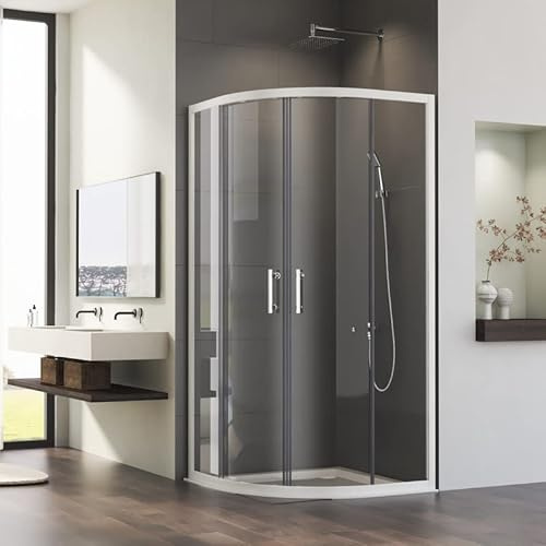 Eckeinstieg Schiebetür Duschkabine Rund 90x90cm Doppel Schiebetüren Runddusche Duschabtrennung mit 5mm ESG Sicherheitsglas, Weiß Viertelkreis Halbkreis Dusche Radius 55cm, Duschwand Höhe 185cm