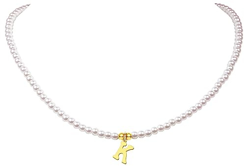 aesdox Gargantilla de perlas con inicial para mujeres y niñas, collares de perlas de imitación con letras para niñas, Perla