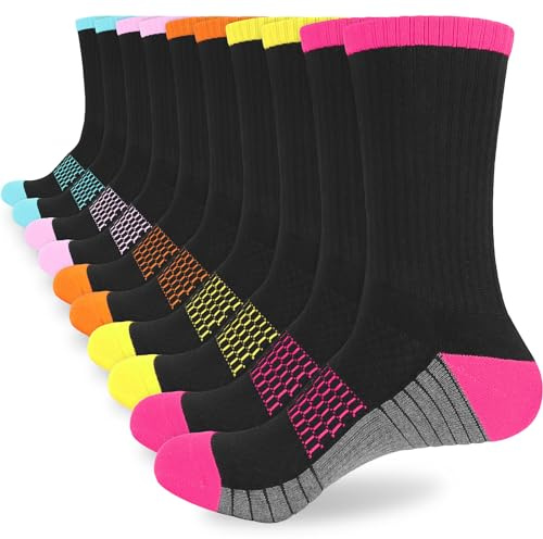 KOOOGEAR Womens Ladies Cushioned Walking Hiking Work Socks Black Anti Blister Thick Winter Sports Support Socks for Womens 4-7 Multipack Non Slip Cotton Thermall Athletic Socks 5 Pairs