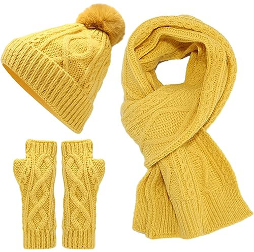 Yixda Damen Mütze Schal Handschuhe Set Gestrickt Strickschal Beanie Hut Handwärmer Winterset (Gelb)