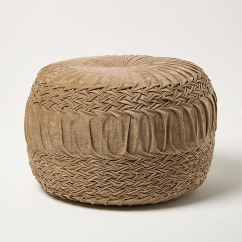 Homescapes Sofia Flecht-Hocker plissiert Sandfarben 50x35 cm, Samt-Pouf beige, Sitzpouf rund mit Sitzsack-Füllung