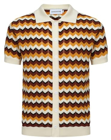 OXKNIT Polo rétro en Tricot Style années 60 pour Homme, Manches Courtes, Doux, Confortable, Disponible en Grande Taille, Rayures Marron Jaune, Taille XL