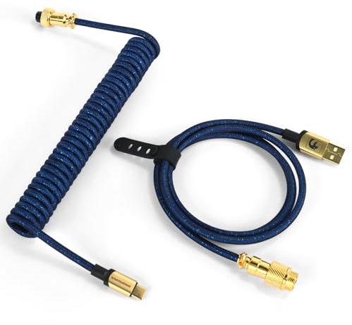 MAMBASNAKE C03 Coiled USB C Kabel für 8000 Hz Gaming-Tastatur-Dunkelblau | Geflochtenes Tastaturkabel, Typ C bis USB A, Braided Cable USB C, Spiral Tastaturkabel Typ C, 24K-Gold-Luftfahrtanschluss