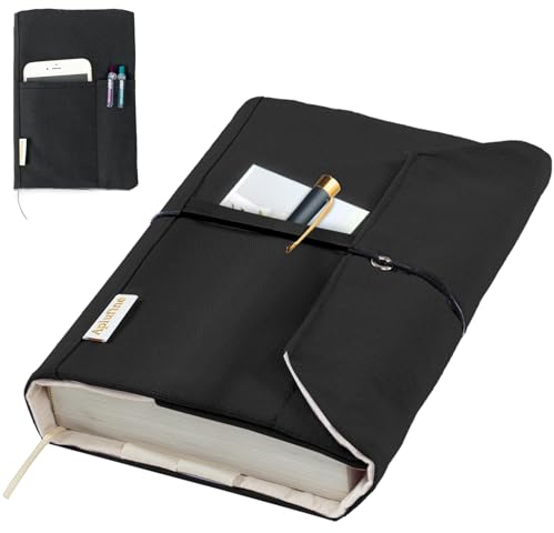 Aplufine Buchumschlag aus Segeltuch, waschbar, Buchschutz für Taschenbuch-Romane, Hardcover mit Stift-Taschen, Softcover-Bücher, Buchliebhaber-Geschenke in Schwarz