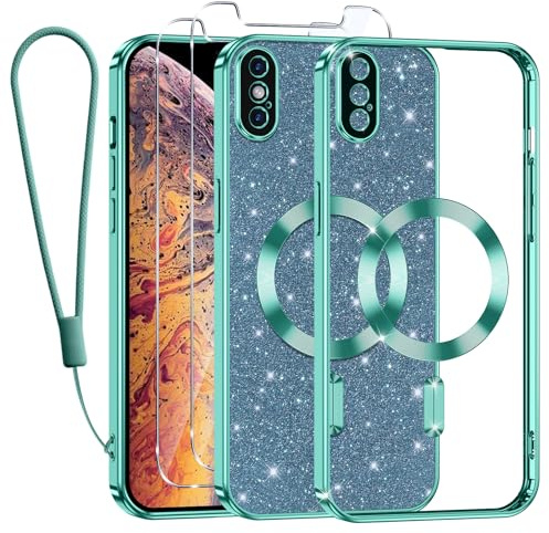 Kokio Handykette für iPhone XS Max Hülle mit Band, [Kompatibel mit MagSafe] Glitzer Magnetisch Handyhülle für iPhone XS Max mit 2 Stück Schutzfolie Stoßfeste Silikon Schutzhülle, Grasgrün