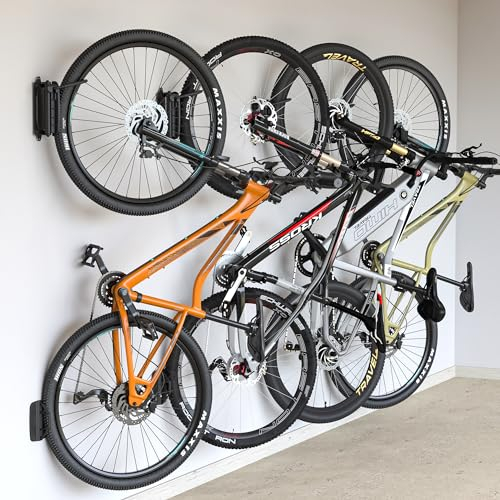 monTEK Lot de 4 supports muraux pivotants pour vélo pour garage, porte-vélos mural, économiseur d'espace, support vertical pour vélo pouvant supporter jusqu'à 30 kg, noir