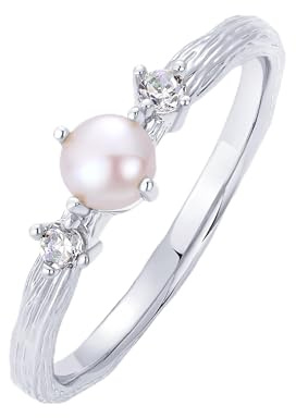 PAVOI Rhodium Plated Pearl Hammered Ring for Women | Dainty Elegant Stackable Cubic Zirconia Thin Band for Women | Size 8