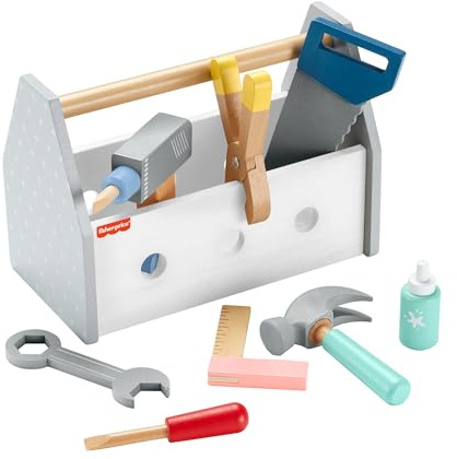 Fisher-Price - Set Attrezzi da Lavoro in Legno, Include 9 Strumenti tra Cui Vari Utensili e la Cassetta per riportli, per Il Gioco Creativo da Costruire, Giocattolo per Bambini, 3+ Anni, HYG50