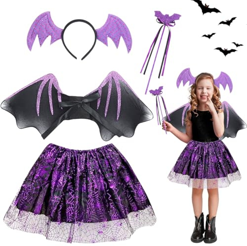 LGZIN Costume de Chauve Souris Fille, 4 Pièces Costume de Chauve Souris Enfants avec Serre-Tête, Jupe Tutu, Ailes et Baguette Magique, pour Halloween Carnaval Cosplay Party