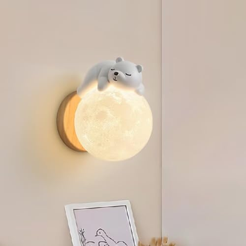 GUANSHAN Wandlampe mit schlafendem Bären und Mond, Cartoon-Mond-Wandlampe, warme Wandleuchte, dekorative Wandleuchte, Lampenschirm für Schlafzimmer, Wohnzimmer, Flur