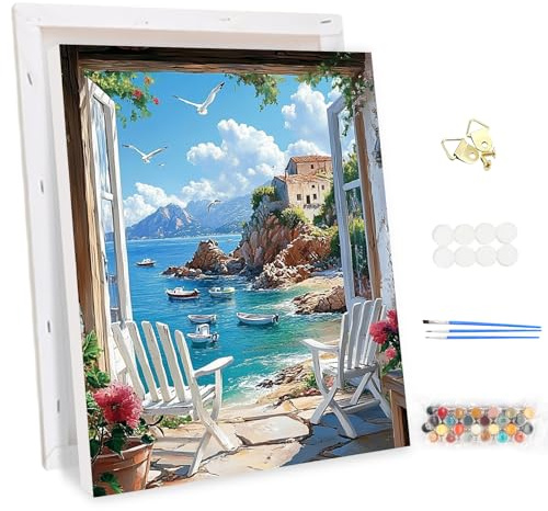 MEIYUDA Pintar por Numeros Adultos con Marco Vistas al Mar, Cuadros por Numeros Pigmento Acrílico, DIY Pintura por Numeros Kit Manualidades Adultos, Decoración para el Hogar Regalo de pared 30x40cm
