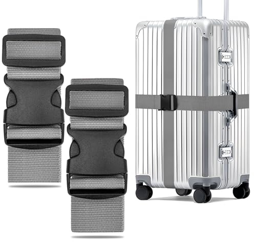 WISYOK Koffergurt, 2 Stück, 130-250cm, Grau, Kofferband Gurt Auffällig | Erweiterte Koffergurte, Sicher Kofferbänder, Robuster Koffer Gurtband, Luggage Strap für Reisen, Flugreise, Urlaub, Gepäck