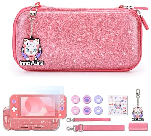 Funda innoAura Switch Lite, paquete de accesorios 15 en 1 con una bonita funda de transporte, protector de pantalla, funda para el juego y tapas para los pulgares (Rose pailleté)