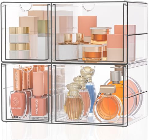 SortNStore Kosmetik-Organizer 2er-Set 4 Schubladen Anti-Rutsch-Pads | Stapelbare Schubladenbox für Kosmetik, Schmuck & Schreibwaren
