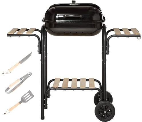 Outsunny Barbecue a Carbone con Ripiani e Ruote, Barbecue a Legna con Coperchio e Presa d'Aria, BBQ con Spatola, Pinza, Coltello e Griglia, Nero