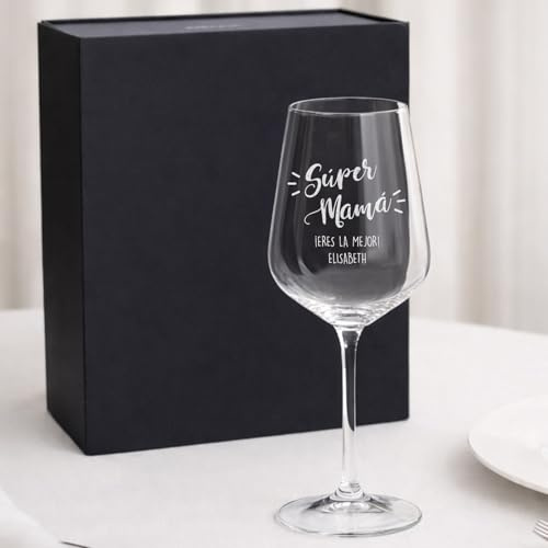 Wanapix | Copa de Vino Personalizada | Regalo día Madre | Súper Mamá | Cristal de Bohemia, Capacidad 45 cl, Opción compra estuche para regalar, Cristal grabado a láser