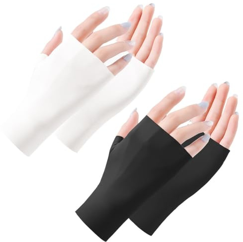 JEYORZY 2 Paires Gants Sans Doigts Protection UV Femme Gants Longueur Poignet Légers Filles Sunscreen Fingerless Gloves Dames Crème Solaire Antidérapante Pour activités de Plein Air(Noir, Blanc)
