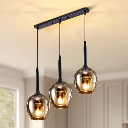 Warmiehomy Glass Pendant Lights 3 Lights, Kitchen Island Lights Clear Glass Shade, Light Pendant Fitting for Loft Bar Dinning Room Living Room,L50*W18*H120cm(Black)